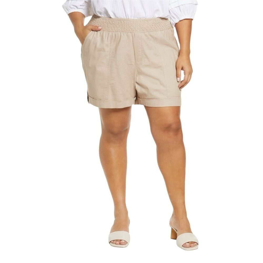WIT & WISDOM Tan Skyrise Linen Smocked Waist Shorts size Medium